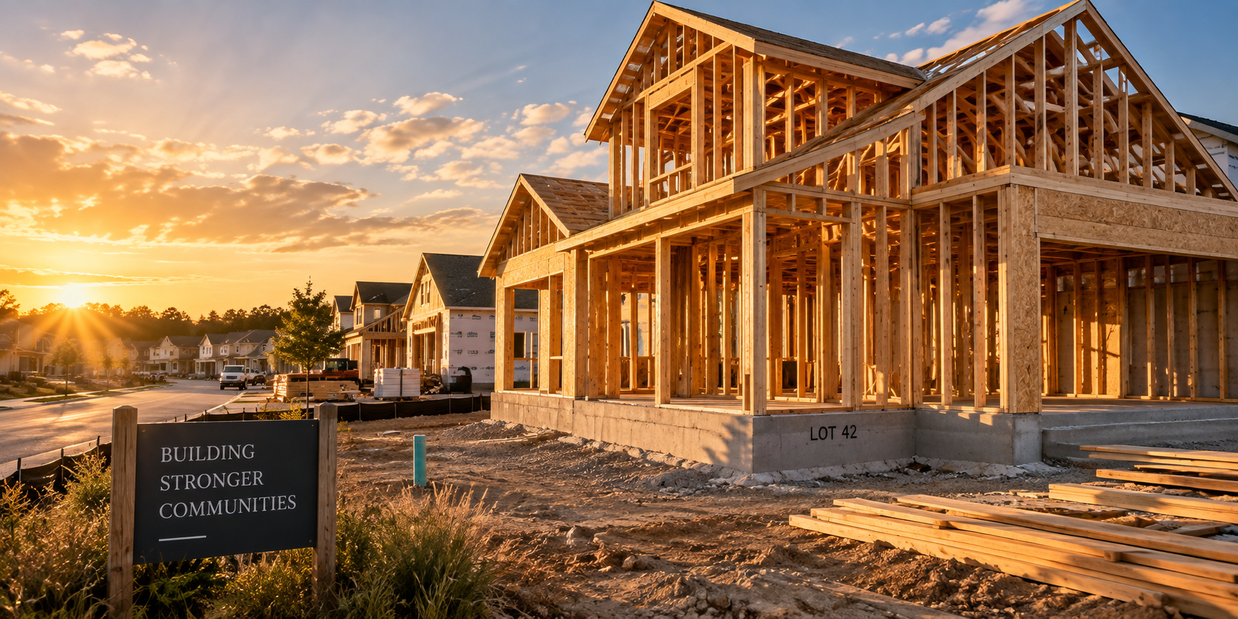 Residential housing construction at sunset